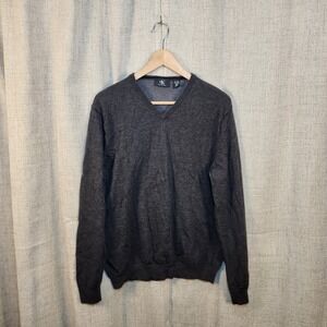 Calvin Klein Pullover Sweater Men's XL Gray 100% Merino Wool V-Neck Long Sleeve